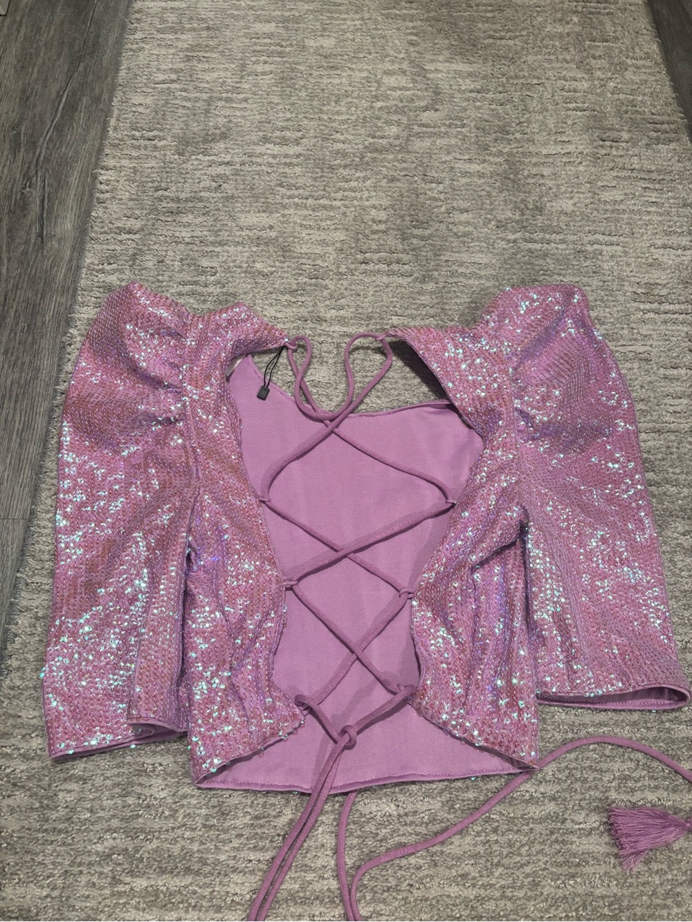 Free people Lavender Sequin Puff-Sleeve Lace-Back Crop Top size Xs - Picture 3 of 4